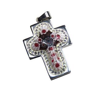 Inox Women's Stainless Steel Cross Pendant with Epoxy over Flowers and CZ Accent